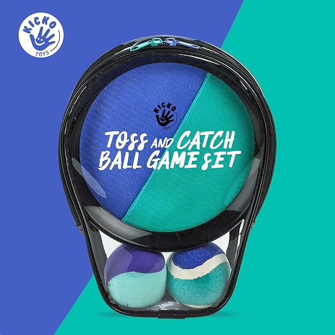 Kicko Toss and Catch Ball Game - Purple and Teal -Paddle Balls with Catcher Mitts, Hard and Soft Tennis Balls, & Travel Case - for Kids Indoor or Outdoor Team Sports, Backyard or Beach New & Improved