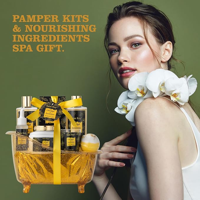 Spa Gift Basket Set, Pampering Home Spa Gifts for Women & Men Home Spa Gift | Spa gift set Christmas Gifts, Spa Kit Self-care Gifts, Spa Collection, Orchid Jasmine Bath and Body Gift, Spa Gifts Mom Dad