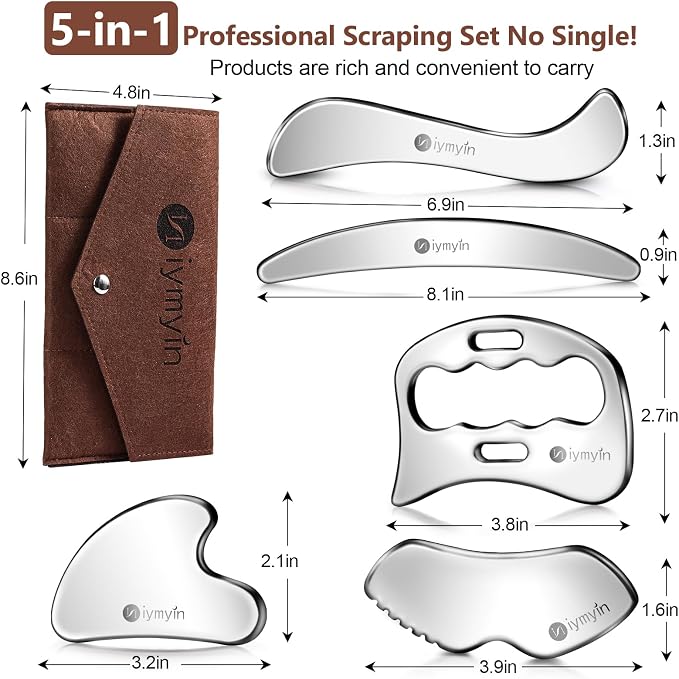 304 Stainless Steel Fascia Gua Sha for IASTM & Sore Muscle Massage | 5-in-1 set, muscle scraper, myofascial release, soft tissue mobilization, physical therapy, deep tissue, pain relief, gift