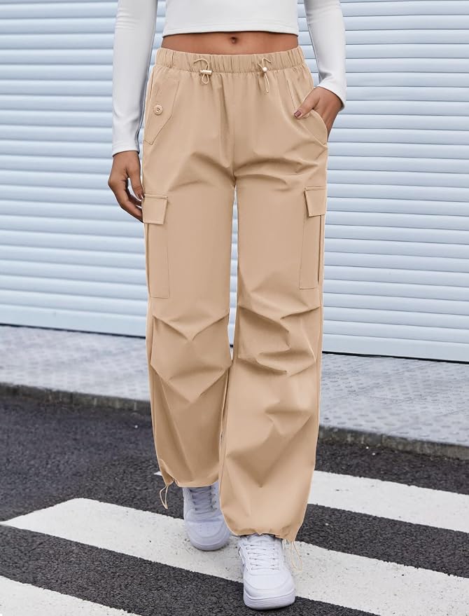 COPYLEAF Cargo Pants Women Elastic Waisted Parachute Hiking Pants with Pockets Water-Resistant Lightweight Baggy Pants