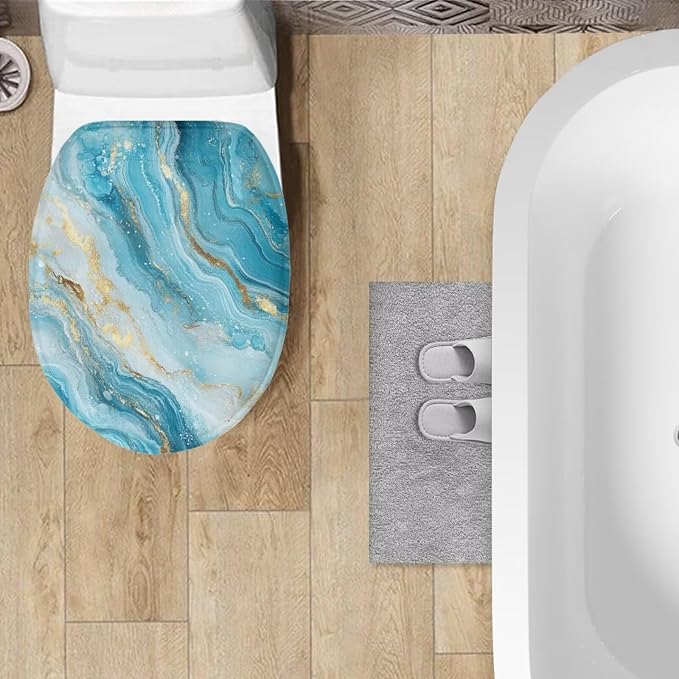 Blue Marble Toilet Seat Cover Elongated Replacement for Bathroom Decor Machine Washable White Marble Universal for Most Toilet Bowl Lids Elastic Bottom Soft