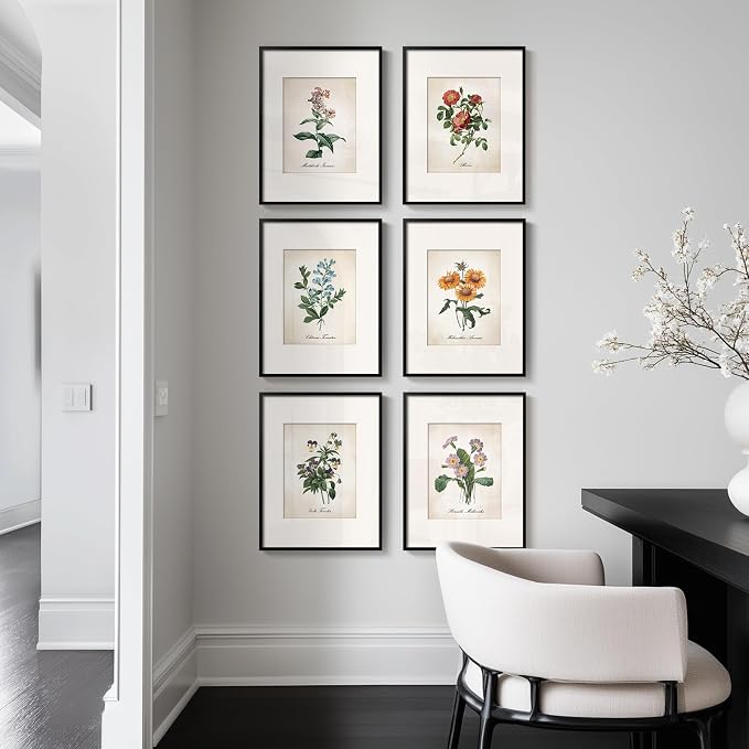 Framed Botanical Floral Wall Art, Set of 6 Vintage Wildflower Prints with Mat, Rustic Farmhouse Nature Flowers Artwork for Bedroom Living Room Hallway Dining Room Modern Neutral Home Decor, 11x14 In