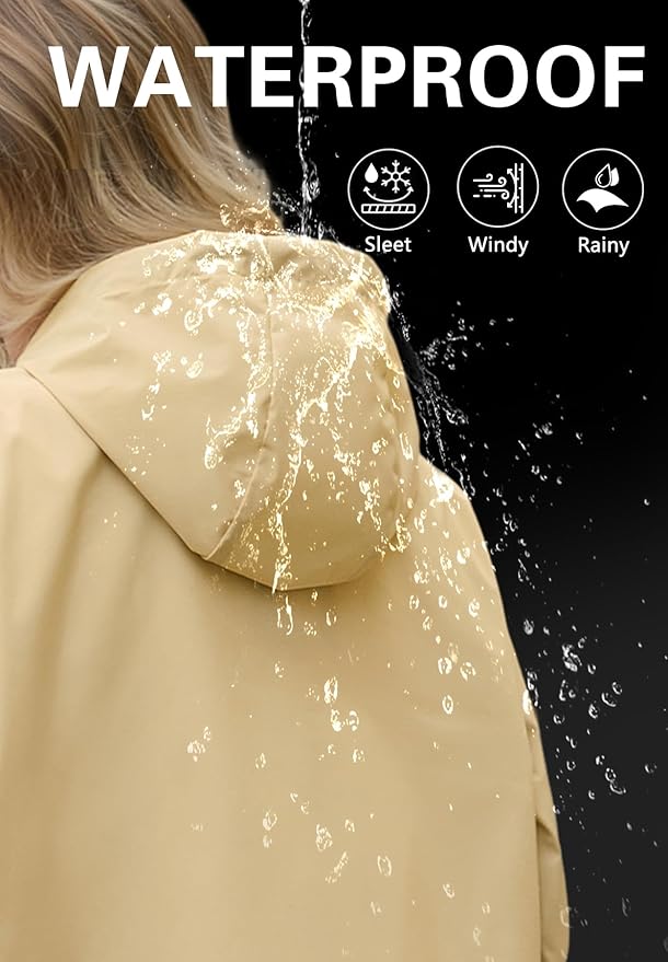 Zando Long Packable Rain Jacket Women Waterproof Raincoat with Hood | Relaxed-Fit Lightweight Windbreaker for Women; Travel Rain Coats for Commute, Hiking, Cruise, and Daily wear