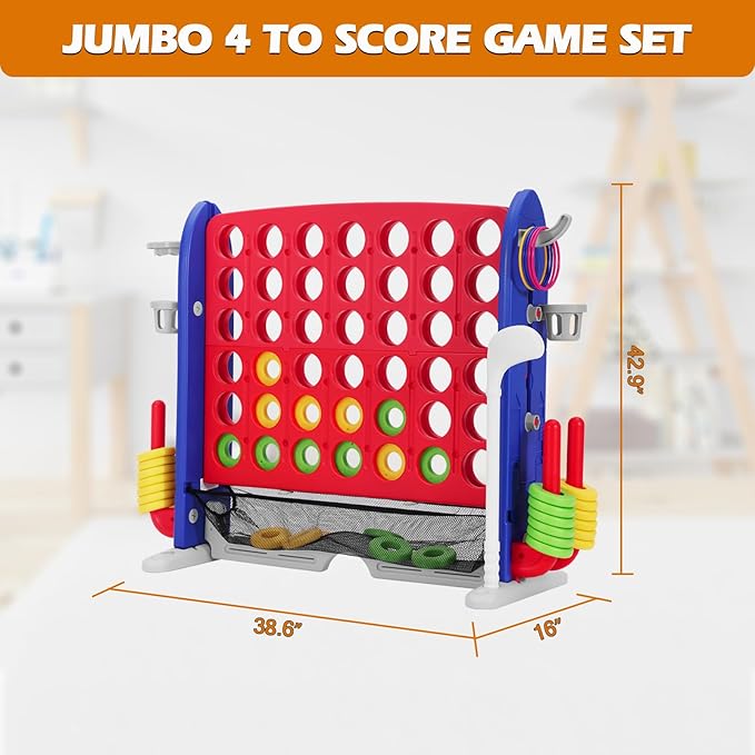 JOYLDIAS Jumbo 4-to-Score Giant Game Set, 4 in a Row Game with Ring Toss, Golf & More, 3.5FT Tall Indoor/Outdoor Connect Game with 42 Jumbo Rings & Quick-Release Slider, Holiday, Party & Family Games