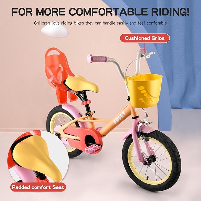 RULLY 12 14 16 Inch Kids Bike for 2-7 Years Girls 33-53 Inch Tall, Toddler Bicycle with Training Wheels & Coaster Brake, Rainbow Bike, Macarons