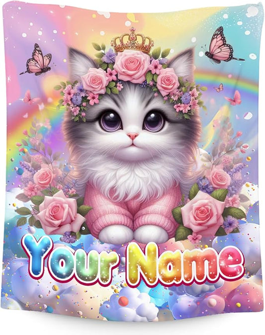 Kids Blankets - Personalized Blanket with Cat - 4 Sizes Cozy Soft Flannel Throw Gifts for Couch, Bedroom