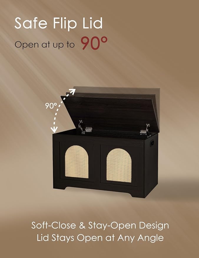 Storage Chest, Wooden Toy Box, Espresso Oak 31.5" L | Entryway Shoe Bench, 2 Safety Hinges, Finger-safe Flip-Top, Easy Assembly, Farmhouse Large Trunk, Rattan, Living Room/Bedroom