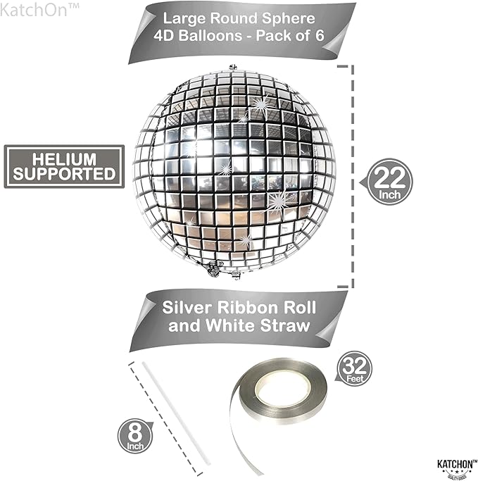 KatchOn, Big Silver Disco Ball Balloons - 22 Inch, Pack of 6 | Disco Party Decorations, 4D Sphere Disco Balloons for 70s Theme Party Decor, Bachelorette Party Decorations | Graduation Decorations 2026