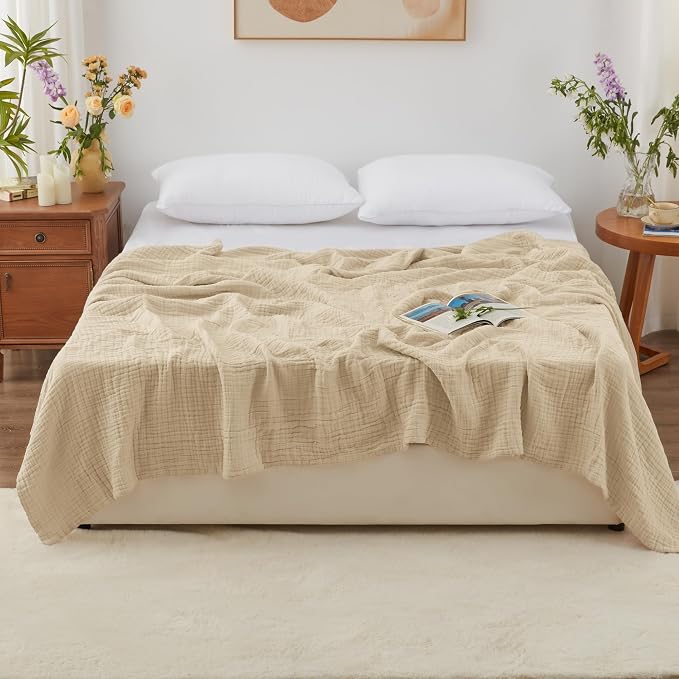 Love's cabin 100% Cotton Muslin Blanket, 6 Layer Lightweight Breathable Gauze King Size Blanket 108 x 90 Inches, Soft Summer Blanket for Bed, Khaki