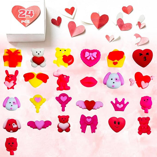 24Pcs Valentines Day Mochi Squishy Toys Squishies for Kids School Class Classroom Valentines Day Cards Gifts Prizes Party Favors