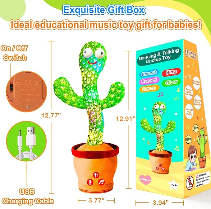 Rechargeable Baby Toys Dancing Talking Cactus Toy for Baby, Volume Adjustable, Singing, Mimicking, Repeating, Baby Infant Toys for Girls Boys, Valentine's Day Gifts for Kids Baby Todder