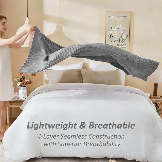 EMME Cotton Muslin Twin Blanket Breathable Gauze Soft Lightweight Blankets Adults Gifts for Women (Heather Grey, 60"x80")