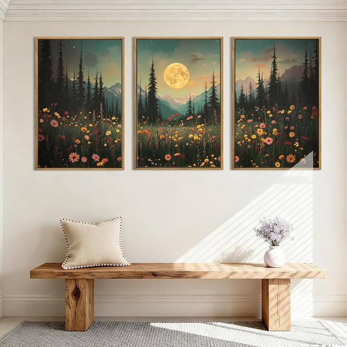 ANHUIB Moon Forest Wildflower Wall Art, Moonlit Pine Tree Wall Decor Dark Mountain Paintings Set of 3 for Living Room Bedroom Dining Room 16x24 Inch