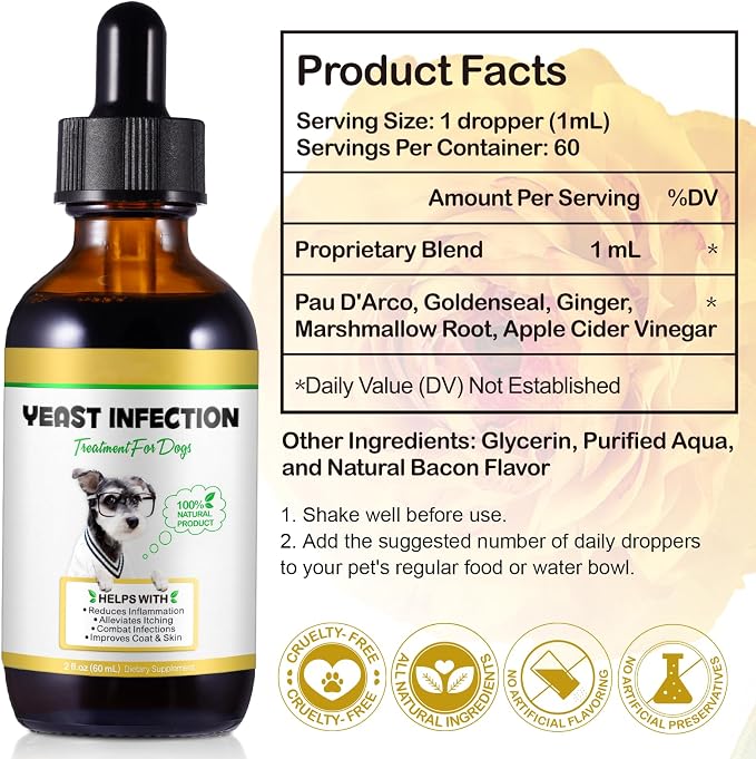 Yeast Infection Treatment for Dogs, Dog Ear Infection Treatment Yeast Ear Treatment for Itchy Dog Skin Relief, Dog Allergy Relief, Ear Infection- 4 Fl Oz / 120ml