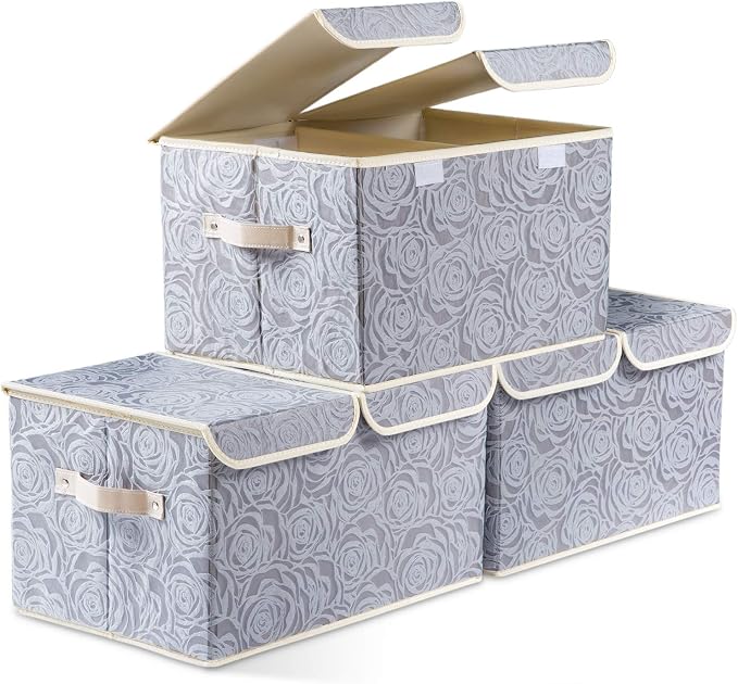 Large Foldable Storage Bins with Lids Fabric Decorative Storage Box Cubes Organizer Containers Baskets with Cover Handles Removable Divider for Home Bedroom Closet 17.3x11.8x9.8 Inch 3 Pack