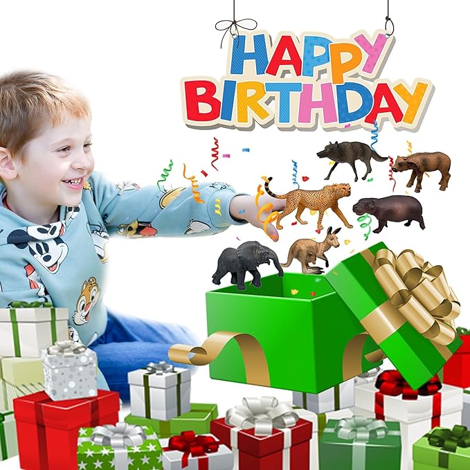 Gemini&Genius Wild Animal Toys for Kids, Wolf, Elephant, Leopard, Hippo, Buffalo, Kangaroo Action Figures, Zoo Playset, Gift for Kids Display or Cake Toppers (6Pcs)