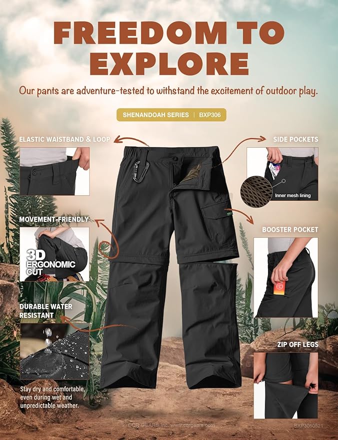 CQR Kids Youth Hiking Cargo Pants, UPF 50+ Quick Dry Convertible Zip Off Pants, Outdoor Camping Pants