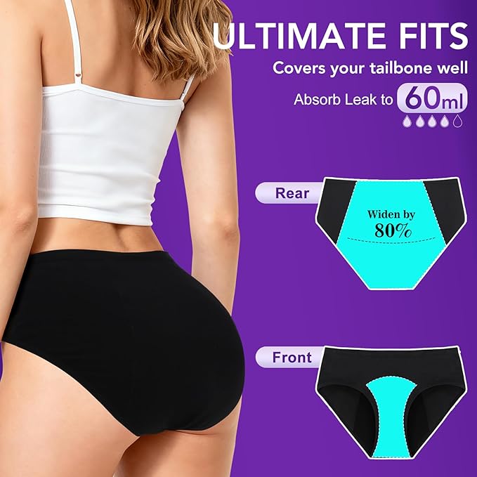Period Underwear for Women, Overnight Panties Washable& Reusable | 60ML High Leak Proof Underwear, Breathable Cotton Period Briefs for Women/ Girls/ Teens/ Incontinence/ Postpartum