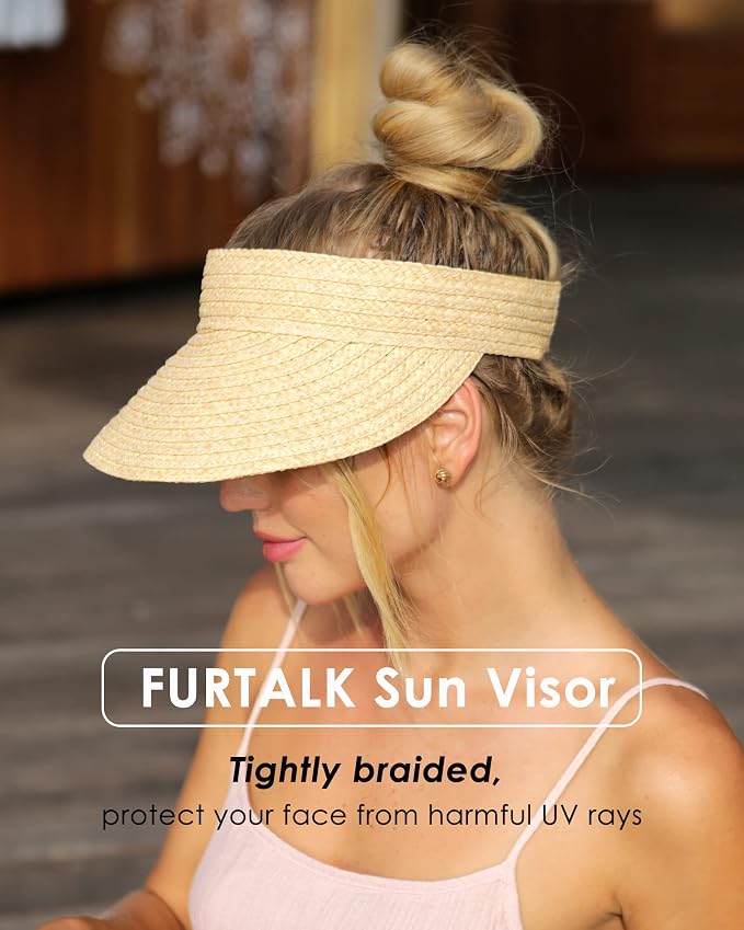 FURTALK Womens Sun Visor Hat Straw Sun Visors for Women Summer Packable Ponytail Beach Hats for Women Travel UPF 80+