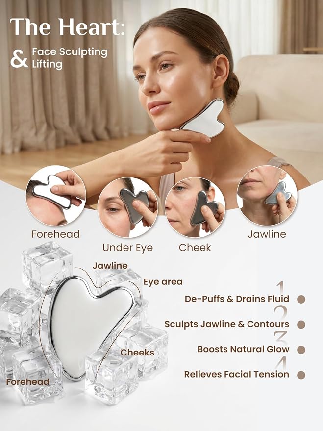 Rena Chris Gua Sha & Muscle Scraper Tool, Stainless Steel Body & Face Gua Sha Set for Deep Tissue Massage & Lymphatic Drainage, Guide & Travel Pouch Included (3-Piece Kit)