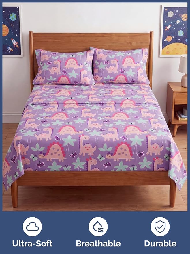 CGK Unlimited Kids Pink Dinos Queen 4 Piece Sheet Set - Boys, Girls, Teens, Toddler - Easy Fit Deep Pockets - Soft, Cooling & Breathable Sheets - Cute, Cozy, Fade and Wrinkle Free - Machine Washable