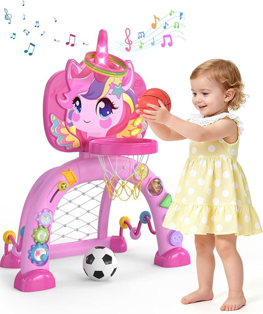Toddler Basketball Hoop & Soccer Goal, Baby Toys for 1 2 3 Year Old Girls, Kids Sports Toys with Light Sound Music, Unicorn Musical Toys Gift, Christmas Birthday Gifts for Ages 12-18 Months