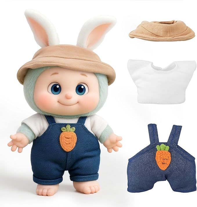 17cm Doll Clothes, Casual Style Outfit for 6.7 Inches Dolls, Khaki Hat + Denim Overalls, Adorable Clothing & Doll Accessories for Dress Up