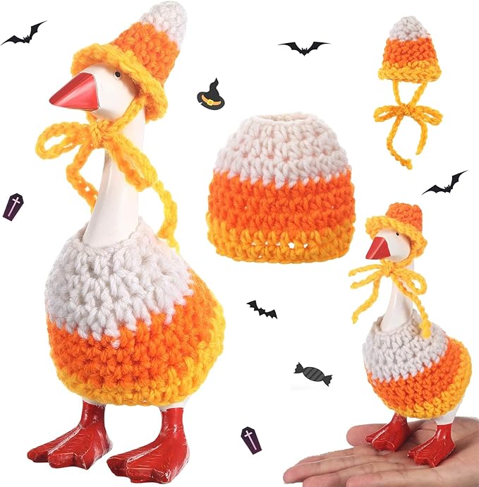 Halloween 7inch Desk Goose Outfits Mini Knitted Costume with Hat for Desk Magnetic Goose Key Holder Halloween Decor (Witch)(1 Set,Candy Cone)