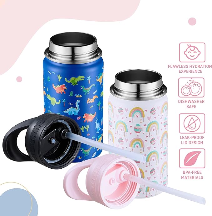2 Pack Kids Water Bottle,14oz Stainless Steel Insulated Water Tumbler Leak-Proof,School Water Mug,Small and Portable,Suitable for Boys and Girls to Use(Blue dinosaur + White rainbow)