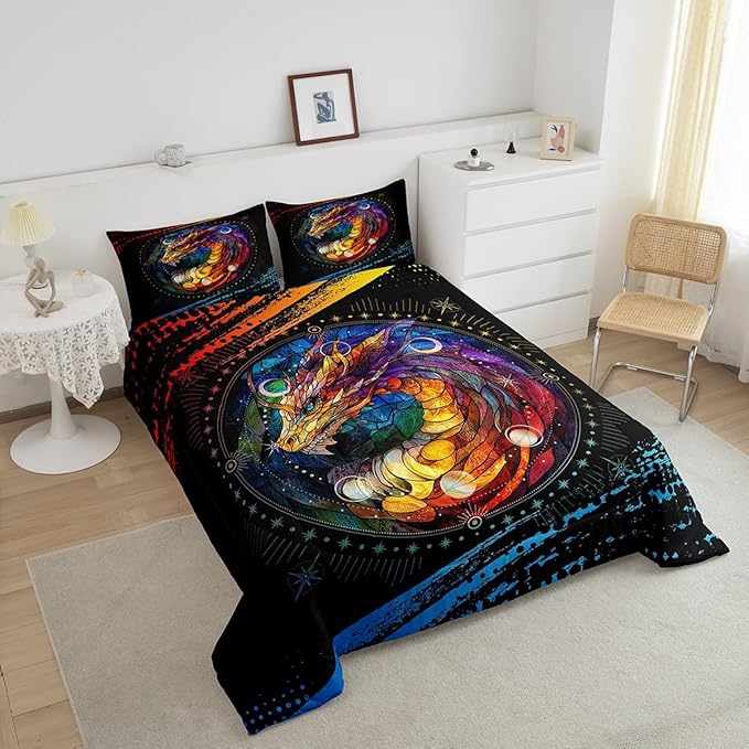 Feelyou Dragon Comforter Set Full Size Dragon Stuff Comforter for Boys Girls Teens Wild Life Bedding Set Dragon Decor Duvet Set Room Decor Black Orange Yellow Quilt Set