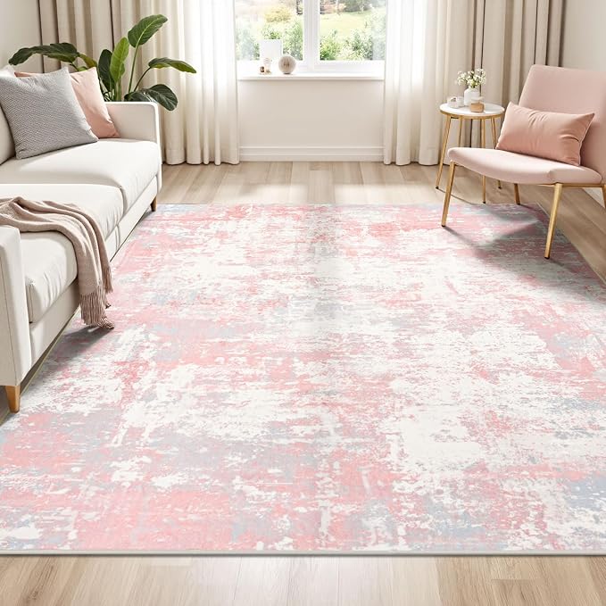 Rugflix 5x7 Area Rugs for Bedroom, Washable Pink Large Rug | Machine Washable; Stain-Resistant; Low Pile; Non-Slip; Modern Abstract; Carpet for Nursery Girls Living Room Office Home