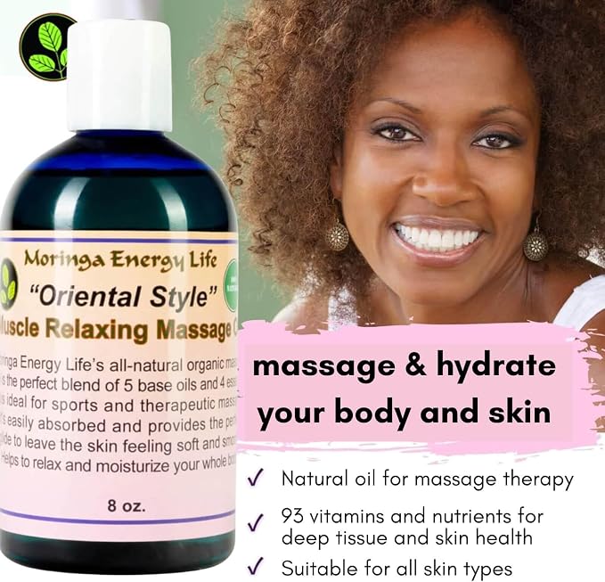 Moringa 'Oriental Style' Muscle Relaxing Massage Oil for Therapy, Date Night, Thai, Swiss, Asian, Sports Therapist for Massaging Sore Muscles, 8 oz Bottle