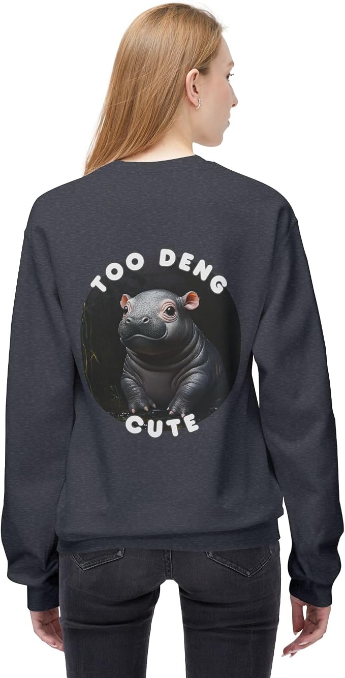 Unisex Fleece Crewneck Sweatshirt - Too Deng Cute Moo Deng Hippo, Cozy Cotton Blend, Classic Relaxed Fit