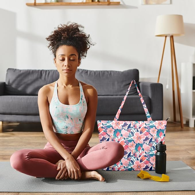 Yoga Bag for Women, Large Canvas Yoga Mat Tote Bag with Yoga Mat Carrier - Large Mat Pocket Fitness Tote for Pilates, Gym, Travel, Office & Beach