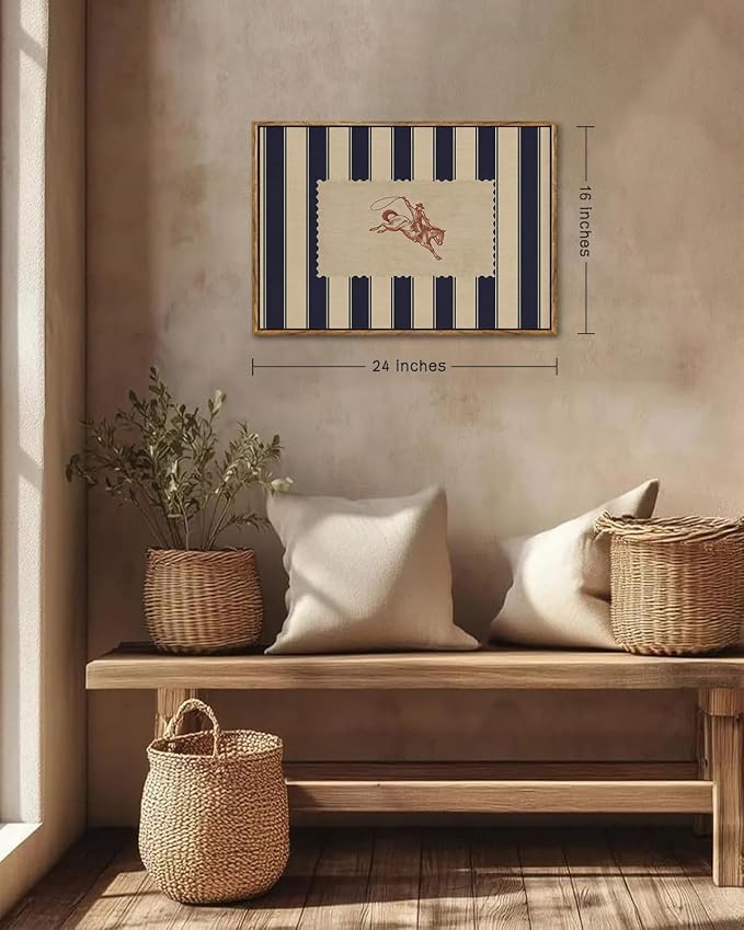 ZZLWBKGL Western Wall Decor Striped Cowboy Canvas Art Vintage Wall Art | Farmhouse Artwork Retro West Country Aesthetic Mid Century Rodeo Paintings Living Room Bedroom 16x24in