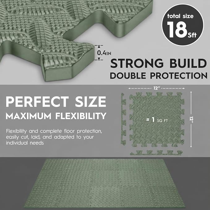 18pcs Puzzle Exercise Mat, 12.6"x12.6"x0.4", 18sqft EVA Interlocking Foam Floor Tiles, Protective, Water-Resistant Flooring for Home Gym & Workout Equipment