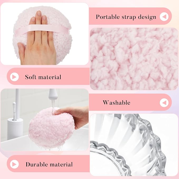 Tioncy 2 Pcs Extra Large Dusting Powder Puff and Container for Women-6'' Glass Crystal Dusting Powder Container with Body Soft Washable Reusable Velour Face(Clear,Scalloped)