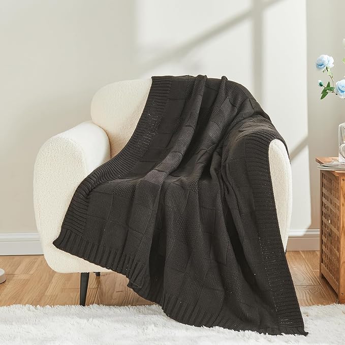 CozeCube Jet Black Knitted Checkered Throw Blanket 60"X80" | Check Knit Throw for Couch, Decorative Christmas Soft Cozy Warm Blanket for Bed Sofa Living Room