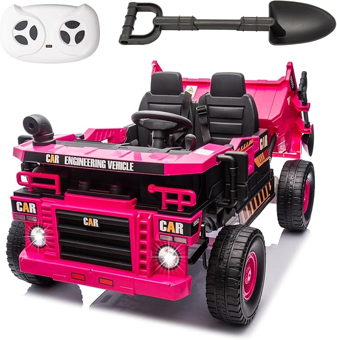 POSTACK 24V 8Ah Ride on Tor for Toddlers, 4WD Power 4 Wheels Electric Ride on Dump Truck, 2 Seater Kids Ride on Car w/Parent Remote Control, Music Bluetooth Shovel, Up to 5MPH, Pink