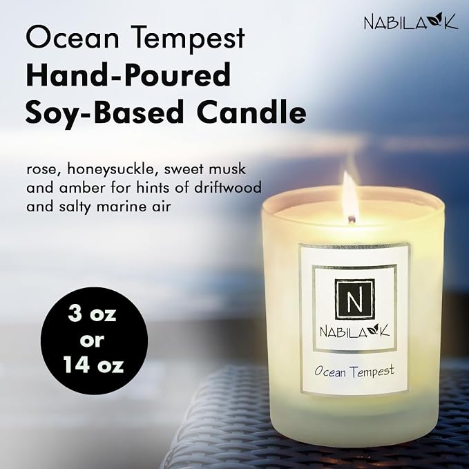 Nabila K – Ocean Tempest - Soy-Based Candle – Rose, Honeysuckle, Sweet Musk, Amber - Hand-Poured - Cotton Wick - Aromatherapy Candle w/Essential Oils - Made in USA - 14 oz