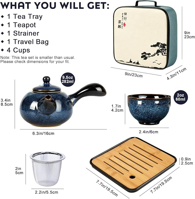DUJUST Chinese Gongfu Tea Set, Kiln Altered Glaze Porcelain Tea Set with 1 Teapot, 4 Tea Cups & 1 Tea Tray, Portable Japanese Tea Sets with Storage Bag for Travel, Gifting, Outdoor, Dark Blue