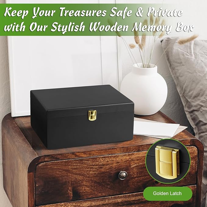 DRASTAR Large Wooden Keepsake Box, Black Memory Box, Decorative Storage Box with Hinged Lid, Large Card Box