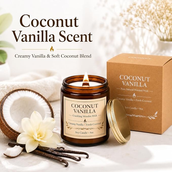 Coconut Vanilla Scented Candles for Home, 9oz Long Burning Soy Candles for Women, Wood Wick Natural Non Toxic Candle Jar, Aromatherapy Candle Gift for Home Bedroom Bathroom Office