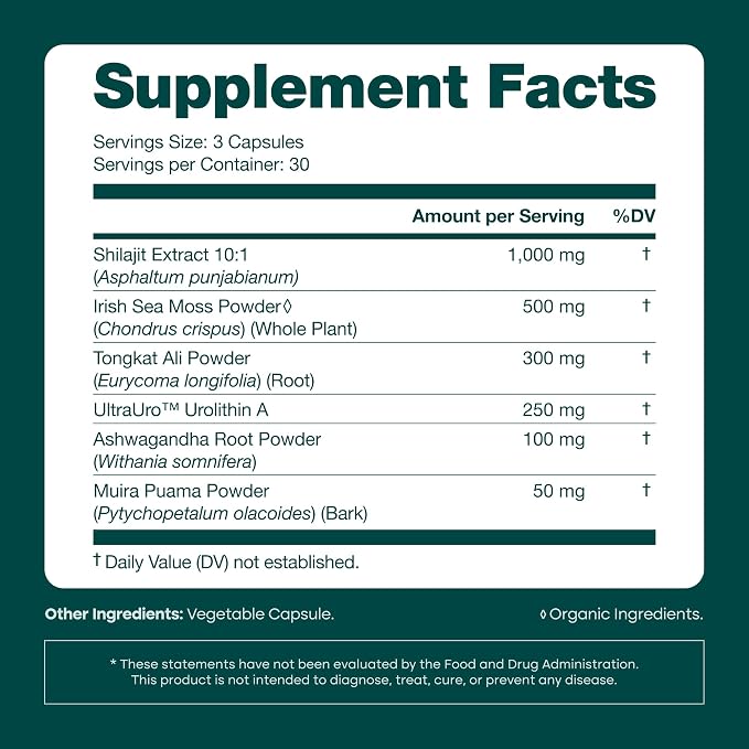 Urolithin-A Complex w Shilajit, Organic Sea Moss, Ashwagandha & Tongkat Ali, Natural Energy, Libido, Hormone Balance, and Focus for Men & Women (Made in USA - 3rd Party Tested)