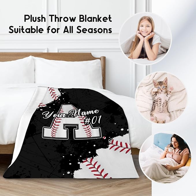 Personalized Baseball Blanket - Custom Initial Name Gifts for Boys - Soft Sports Flannel Throw for Teens Son - 50x60 Inches Large Blanket - Cool Ideas Decoration for Baseball Lovers