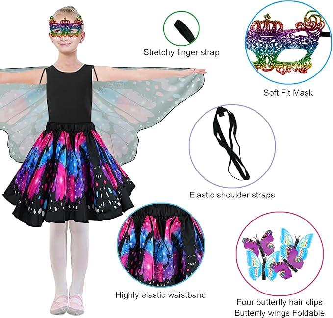 Butterfly Costume for Girls Fairy Wings Kids 4 Pcs(Cape,Skirts,Masks,Hair Clips) Butterfly Wings for Halloween Gifts