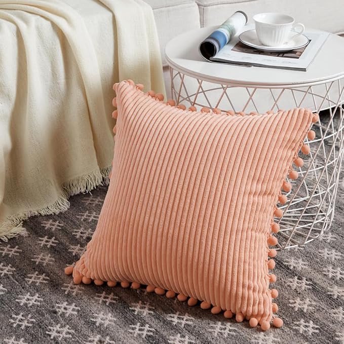 Fancy Homi Pack of 2 Peach Decorative Throw Pillow Covers 18x18 Inch with Pom-poms for Couch Bed Living Room Bedroom, Farmhouse Boho Home Decor, Soft Coral Corduroy Solid Square Cushion Case 45x45 cm