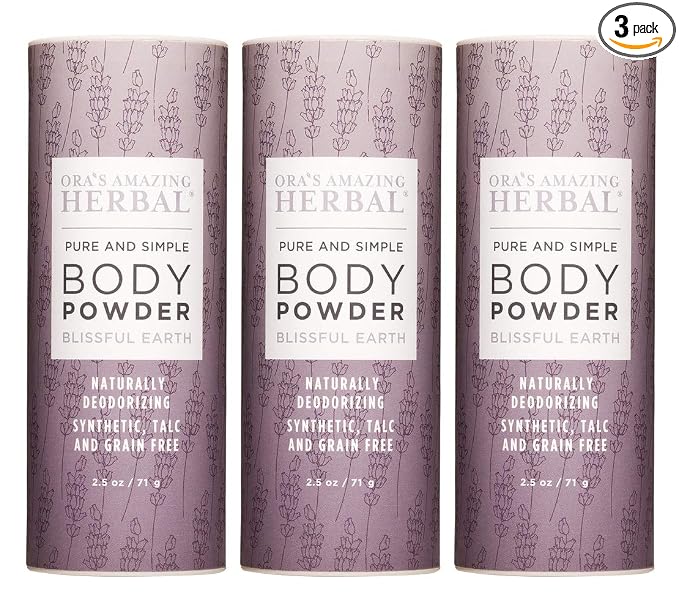 Talc Free Body Powder for Women, Lavender Clary Sage Vetiver Essential Oils, Dusting Powder, Cornstarch Free Talcum Powder, Waxing Bath Hair Powder, Ora’s Amazing Herbal, Blissful Earth 2.5 oz 3 Pack