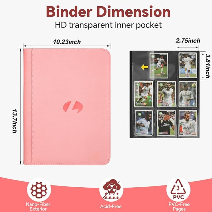 Trading Card Binder, Premium 9-Pocket Double Sided 540 Pocket PU Card Collection Binder, Collectible Trading Card Albums for MTG, TCG, Sports Cards (Pink)