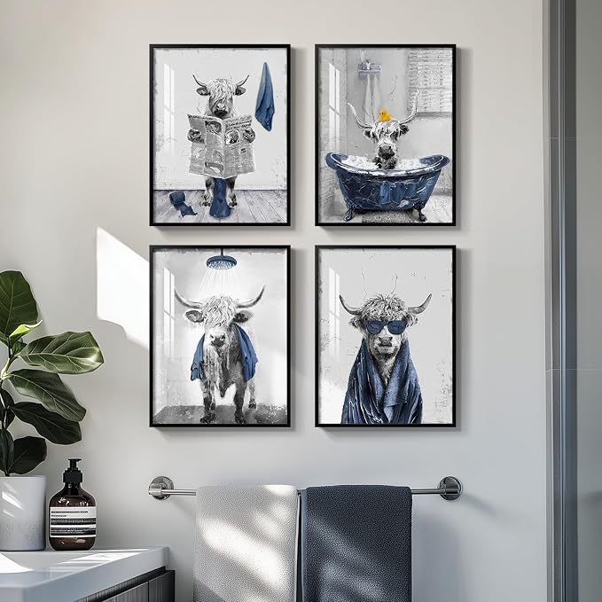 Framed Funny Highland Cow Wall Art for Bathroom Decor, 4 Piece Navy Blue Prints Paintings Artwork for Walls, Fun Cute Cow Sitting on Toilet in Bathtub Pictures for Bathroom Wall Decor 12x16 Inch